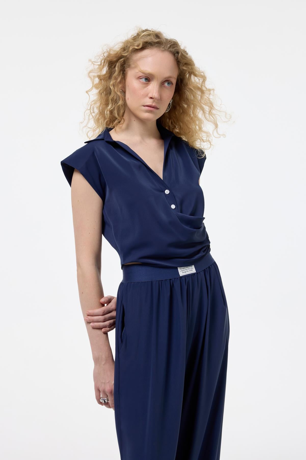 Quzu Front Button Detail Blouse Navy