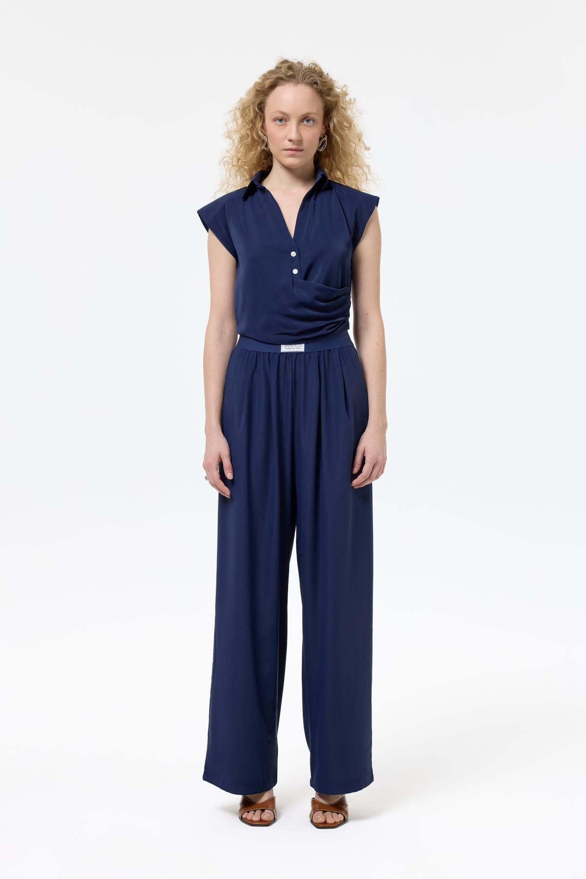 Quzu Front Button Detail Blouse Navy