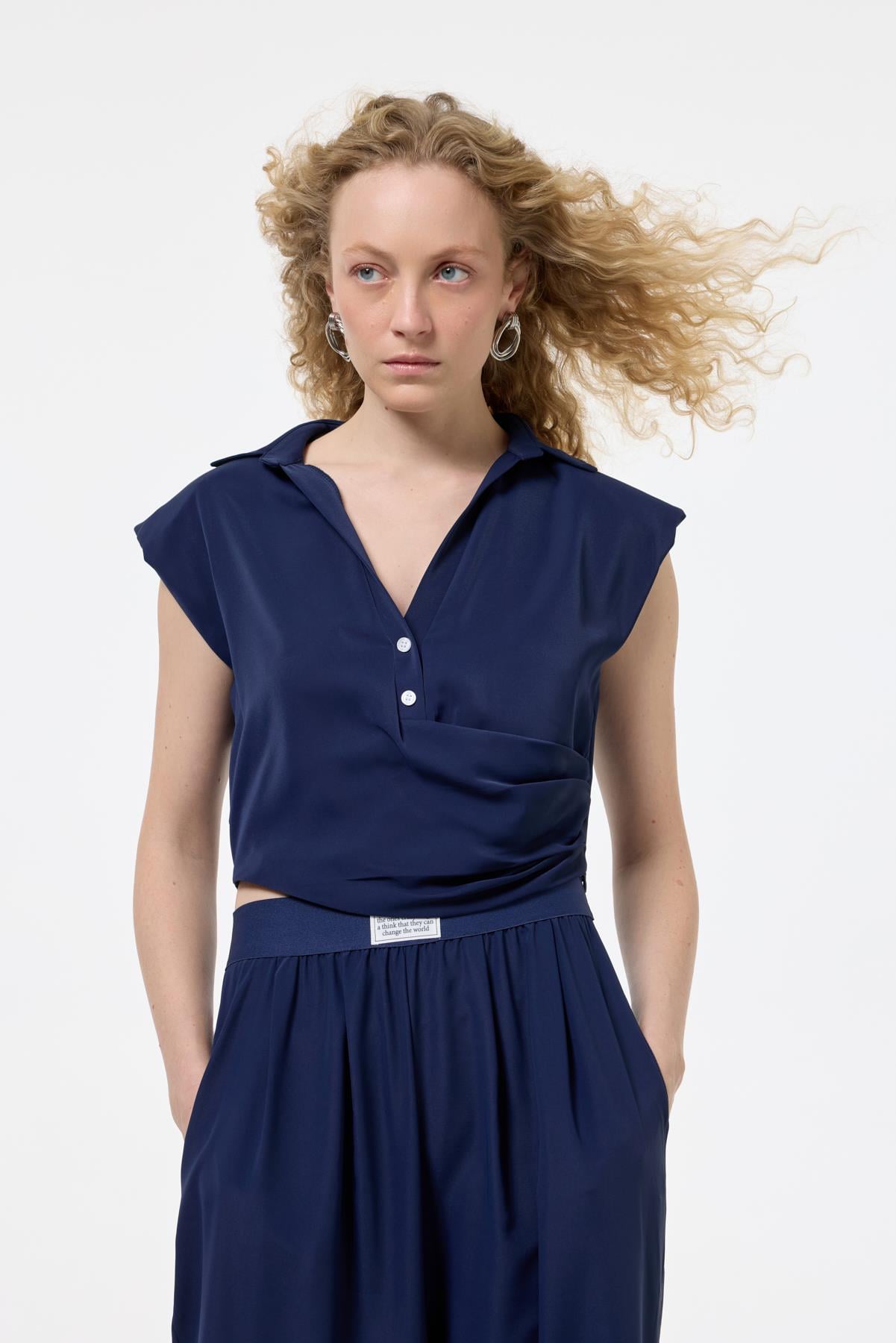 Quzu Front Button Detail Blouse Navy