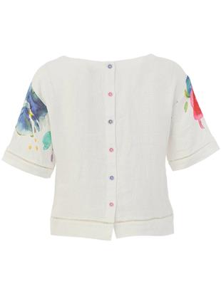 Arka Düğme Detay Kısa Kol Kadın Bluz