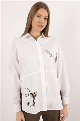 Arkası Pencereli Uzun Kollu Fiğür Baskı Desenli Gömlek
