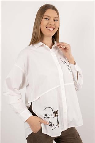 Arkası Pencereli Uzun Kollu Fiğür Baskı Desenli Gömlek