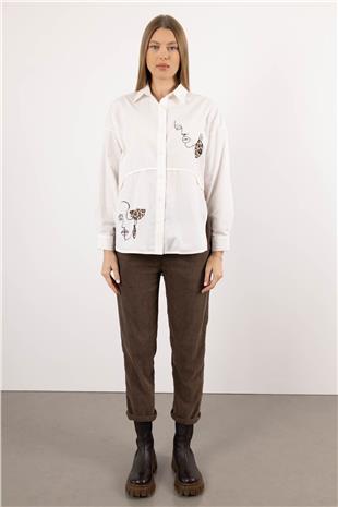 Arkası Pencereli Uzun Kollu Fiğür Baskı Desenli Gömlek