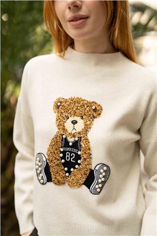 Ayıcık Baskı Detay İnci Boncuk İşlemeli Kazak