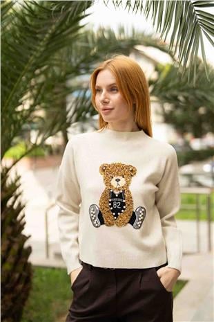 Ayıcık Baskı Detay İnci Boncuk İşlemeli Kazak