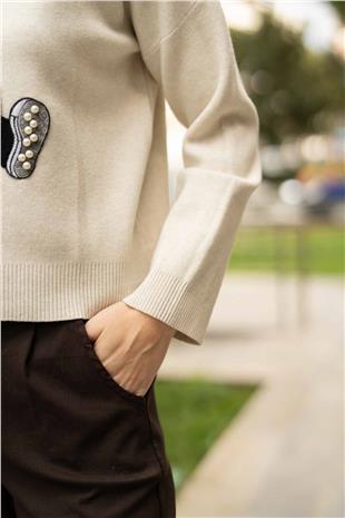 Ayıcık Baskı Detay İnci Boncuk İşlemeli Kazak