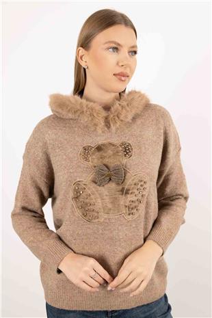 Ayıcık Kabartma Detay Peluş Kapişon Kazak