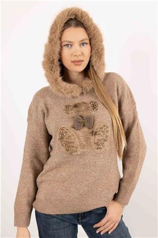 Ayıcık Kabartma Detay Peluş Kapişon Kazak