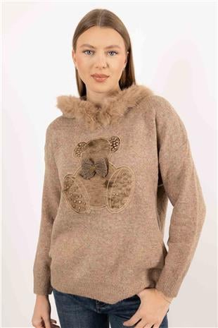 Ayıcık Kabartma Detay Peluş Kapişon Kazak