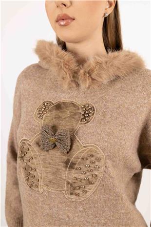 Ayıcık Kabartma Detay Peluş Kapişon Kazak