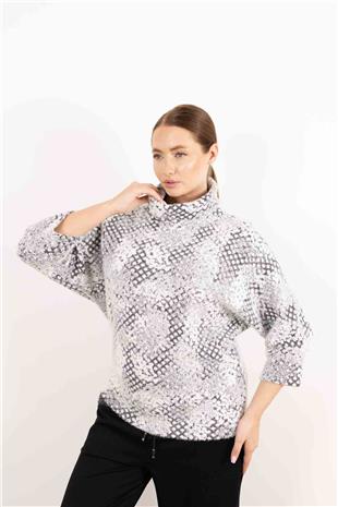Balıkçı Yaka Detay Taş Baskı Desenli Kazak