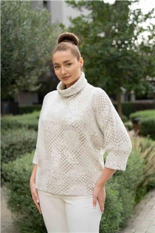 Balıkçı Yaka Detay Taş Baskı Desenli Kazak