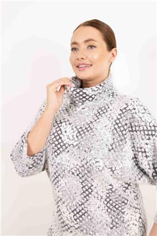 Balıkçı Yaka Detay Taş Baskı Desenli Kazak