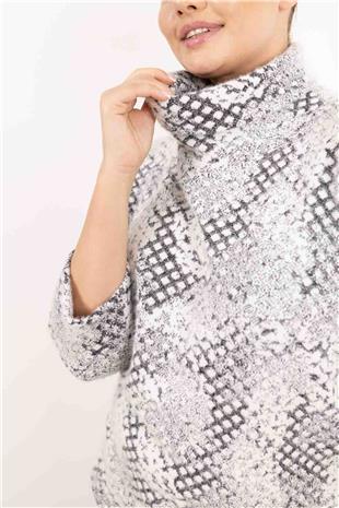 Balıkçı Yaka Detay Taş Baskı Desenli Kazak