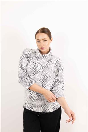 Balıkçı Yaka Detay Taş Baskı Desenli Kazak