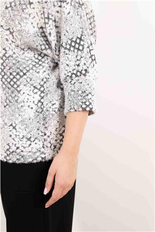 Balıkçı Yaka Detay Taş Baskı Desenli Kazak