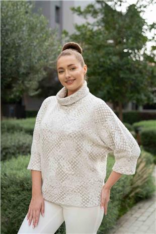 Balıkçı Yaka Detay Taş Baskı Desenli Kazak