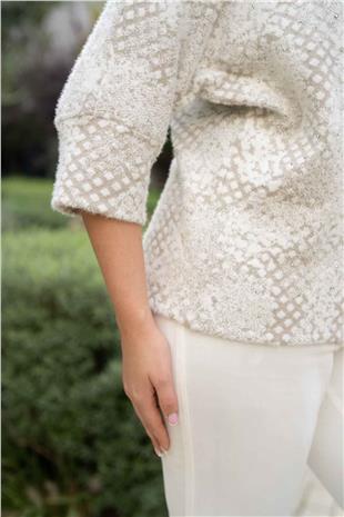 Balıkçı Yaka Detay Taş Baskı Desenli Kazak