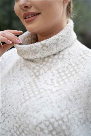 Balıkçı Yaka Detay Taş Baskı Desenli Kazak