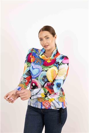 Balıkçı Yaka Detaylı Etek ucu Büzgülü Desenli Bluz