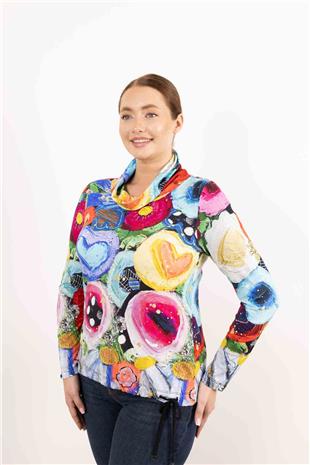 Balıkçı Yaka Detaylı Etek ucu Büzgülü Desenli Bluz