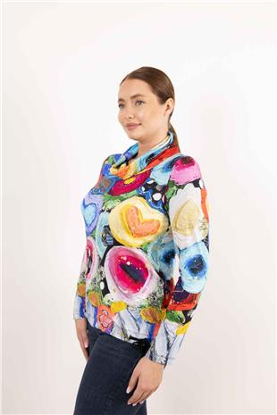 Balıkçı Yaka Detaylı Etek ucu Büzgülü Desenli Bluz