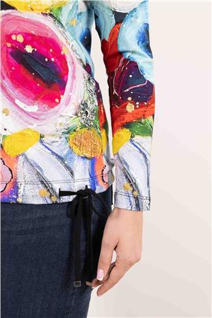 Balıkçı Yaka Detaylı Etek ucu Büzgülü Desenli Bluz