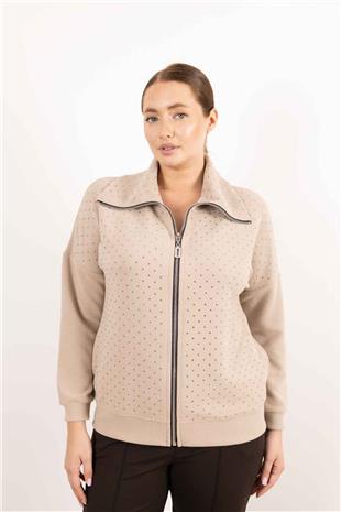 Balıkçı Yaka Detaylı Fermuarlı Taş Baskılı Hırka