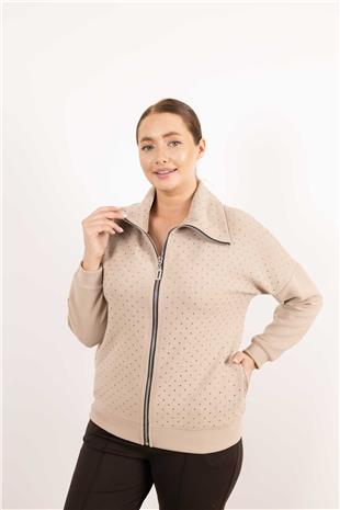 Balıkçı Yaka Detaylı Fermuarlı Taş Baskılı Hırka