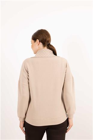 Balıkçı Yaka Detaylı Fermuarlı Taş Baskılı Hırka