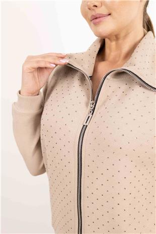 Balıkçı Yaka Detaylı Fermuarlı Taş Baskılı Hırka