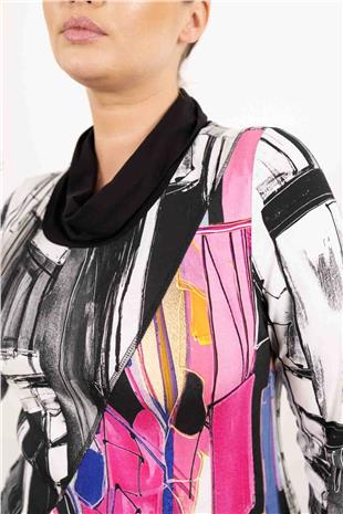 Balıkçı Yaka Detaylı Karışık Desenli Örme Bluz