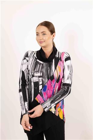 Balıkçı Yaka Detaylı Karışık Desenli Örme Bluz