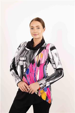 Balıkçı Yaka Detaylı Karışık Desenli Örme Bluz