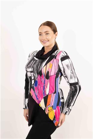 Balıkçı Yaka Detaylı Karışık Desenli Örme Bluz