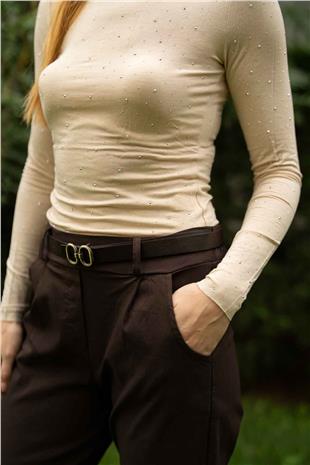 Balıkçı Yaka Detaylı Taş Baskılı Bluz