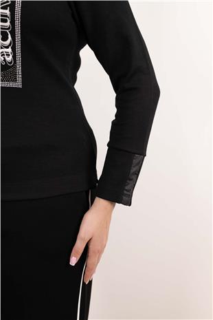 Balıkçı Yaka Detaylı Yazı Ve Taş Baskılı Bluz