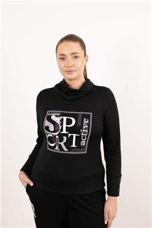 Balıkçı Yaka Detaylı Yazı Ve Taş Baskılı Bluz