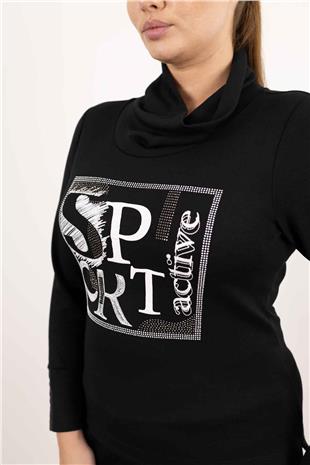 Balıkçı Yaka Detaylı Yazı Ve Taş Baskılı Bluz