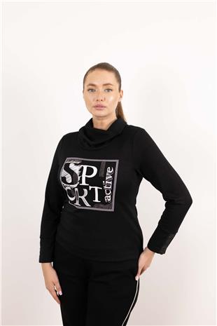 Balıkçı Yaka Detaylı Yazı Ve Taş Baskılı Bluz