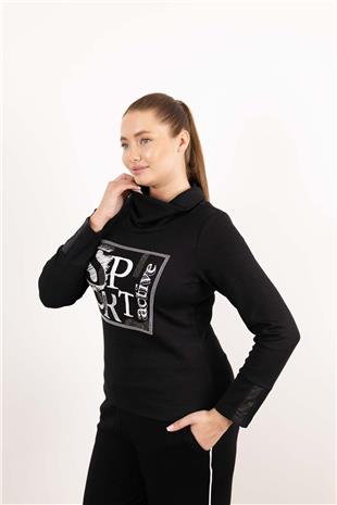 Balıkçı Yaka Detaylı Yazı Ve Taş Baskılı Bluz