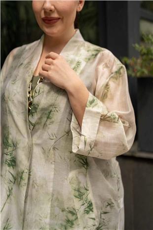 Bambu Yaprak Desen Detay Tek Düğmeli Cepli Kadın Elbise