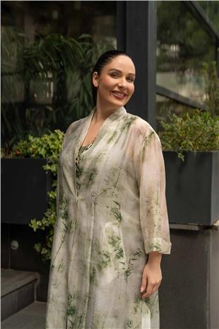 Bambu Yaprak Desen Detay Tek Düğmeli Cepli Kadın Elbise