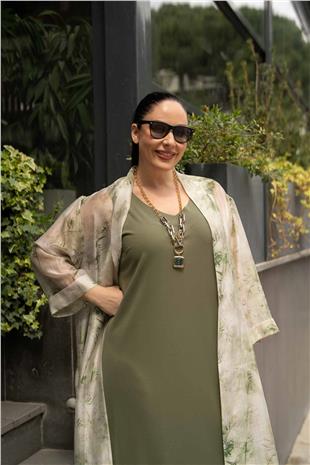 Bambu Yaprak Desen Detay Tek Düğmeli Cepli Kadın Elbise