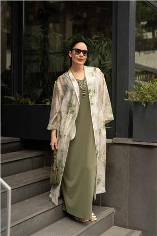 Bambu Yaprak Desen Detay Tek Düğmeli Cepli Kadın Elbise