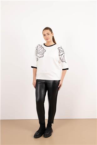 Bel Bağlama Detay Paça Taş Baskılı Deri Ekleme Pantolon