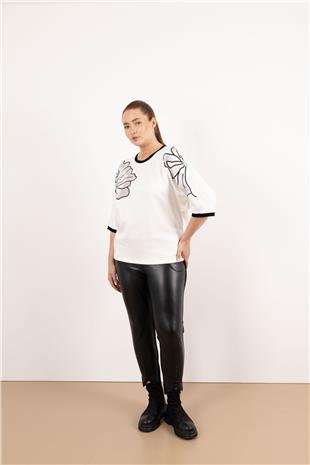 Bel Bağlama Detay Paça Taş Baskılı Deri Ekleme Pantolon