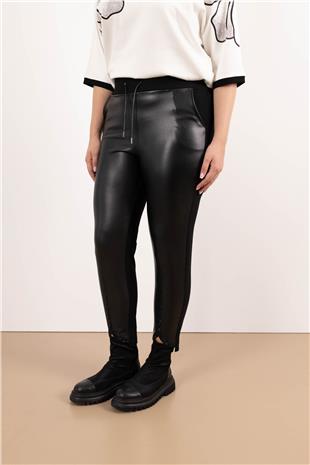 Bel Bağlama Detay Paça Taş Baskılı Deri Ekleme Pantolon