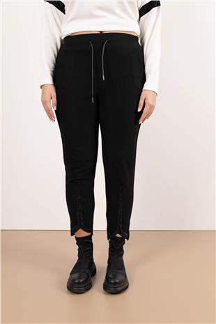 Bel Bağlama Detay Paça Taş Baskılı Pantolon