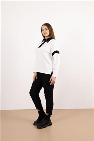 Bel Bağlama Detay Paça Taş Baskılı Pantolon